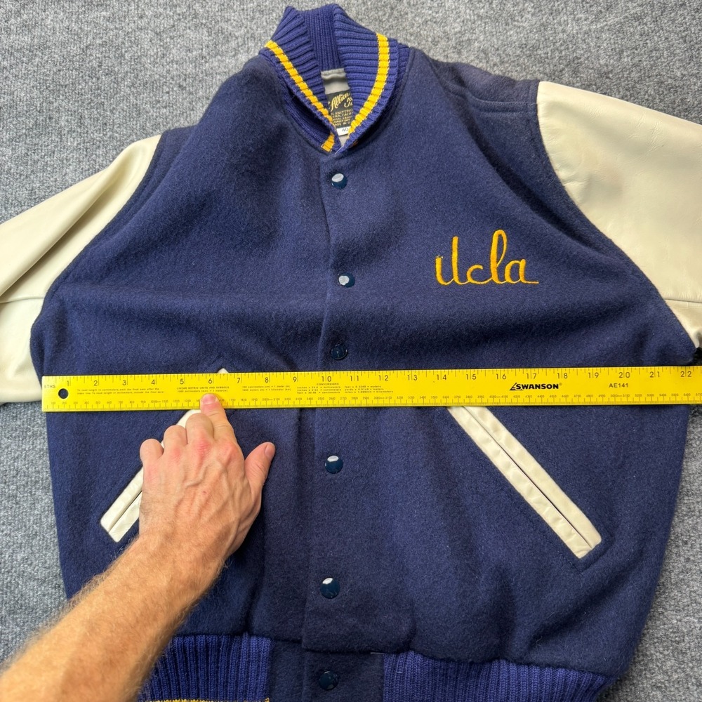 Vintage Albion UCLA Varsity Jacket 40 Mens M Blue Wool Cowhide Leather Sleeves - Picture 4 of 8